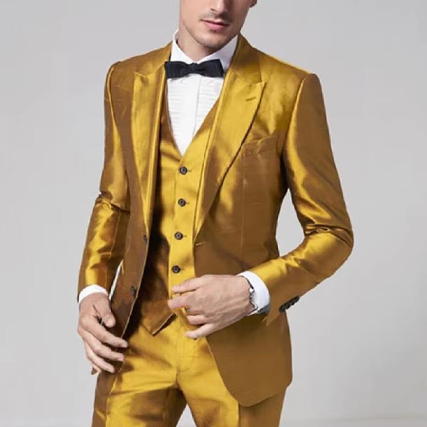 Costume 3 pièces en Satin jaun - Formal Wear For Men Yellow avis et prix