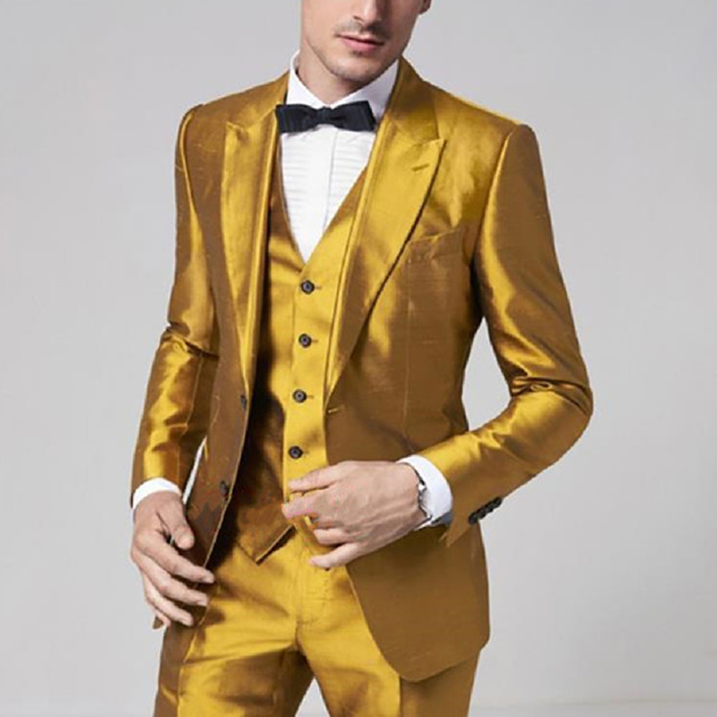 Costume 3 pièces en Satin jaun - Formal Wear For Men Yellow avis et prix